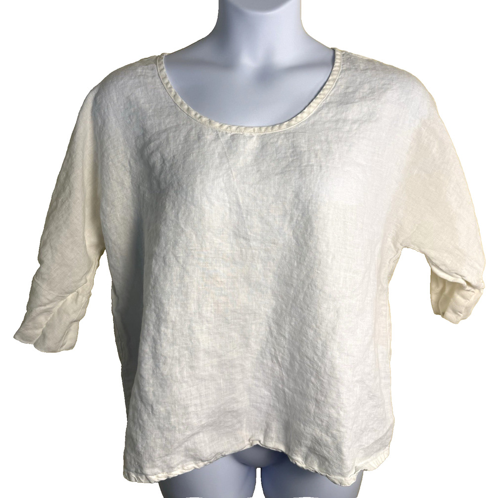 Vtg Flax Jeanne Engelhart White Linen Top Boxy Lagenlook Tunic Blouse Medium